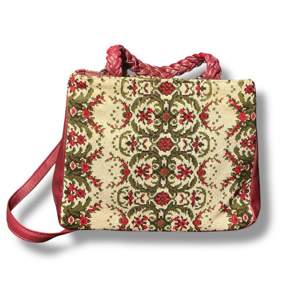 Beautiful Vintage Red  Leather Needlepoint Crossbody or Handbag